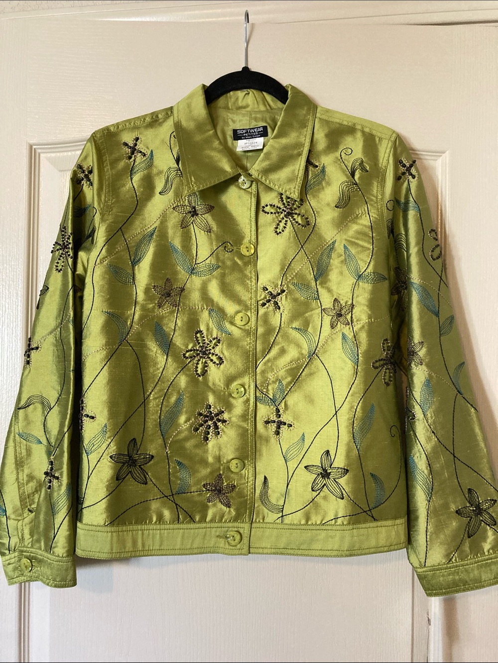 Y2K 100% Textured Silk Embroidered Beaded Jacket, Iridescent Green, P2P 20.5 in.